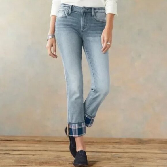 Driftwood Colette Straight Leg Jeans Tartan Lined Cuff Blue Size 29 - Picture 1 of 7